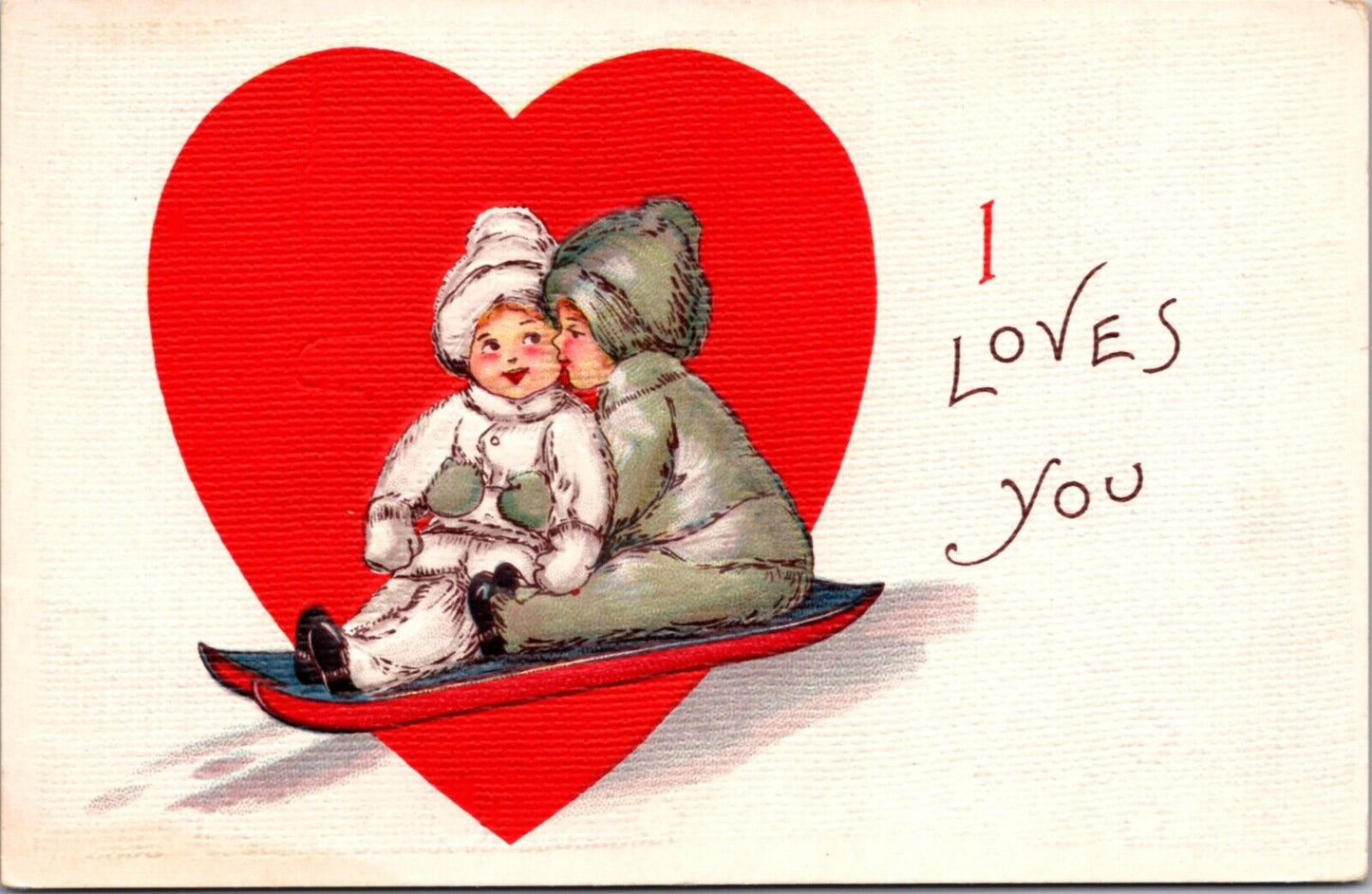 Valentine's Day Postcard Two Children Cuddling on Sled in the Snow, Heart