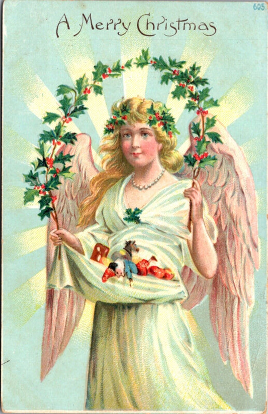 Christmas Postcard Angel Using Dress to Hold Toys, Holly Branch