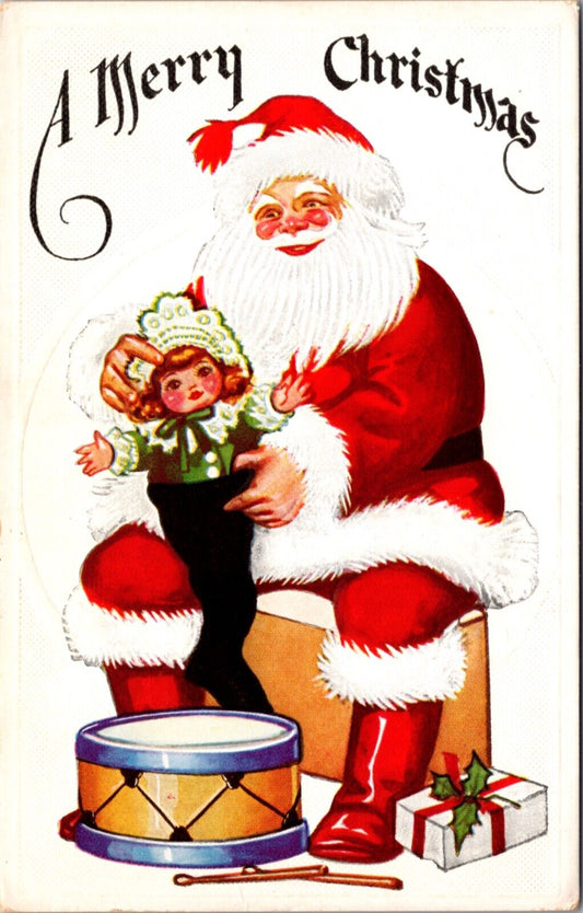 Christmas Postcard Santa Claus Putting Doll Into Stocking Present Gift Drum