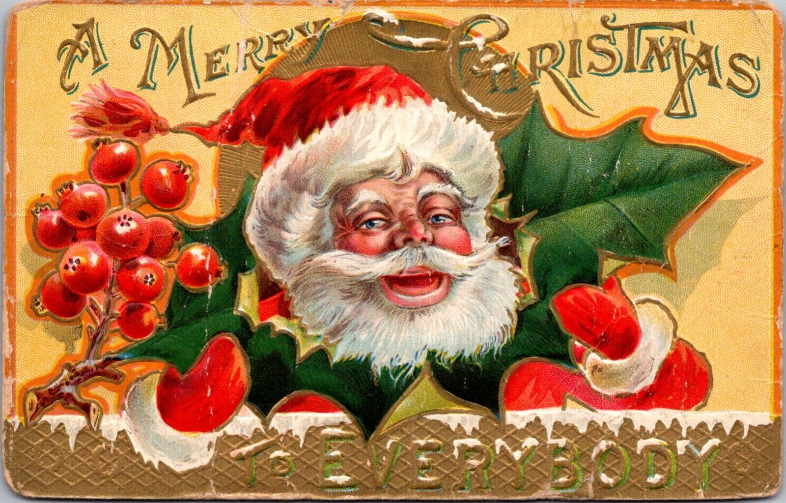 Christmas Postcard Jolly Santa Claus Face Coming Through a Holly Leaf