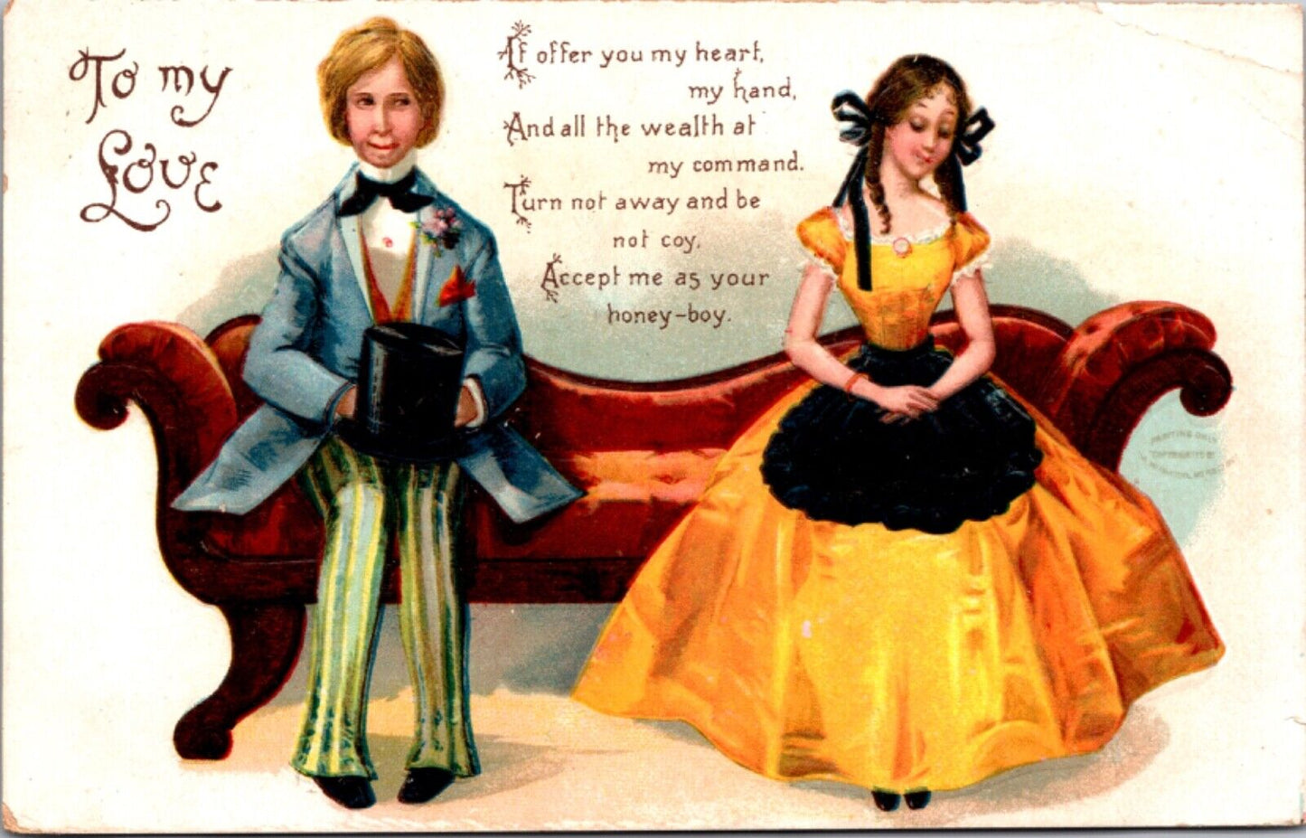 Valentine's Day Postcard Young Victorian Couple Courting Sitting on Couch Love