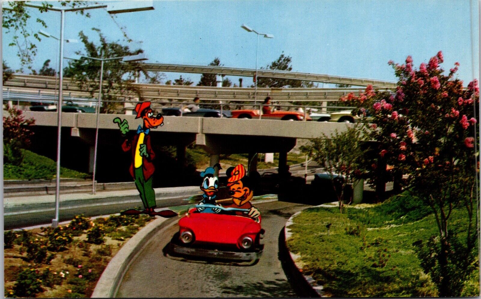 Disneyland Postcard Goofy, Mickey Mouse, Donald Duck Autopia Ride Tomorrowland