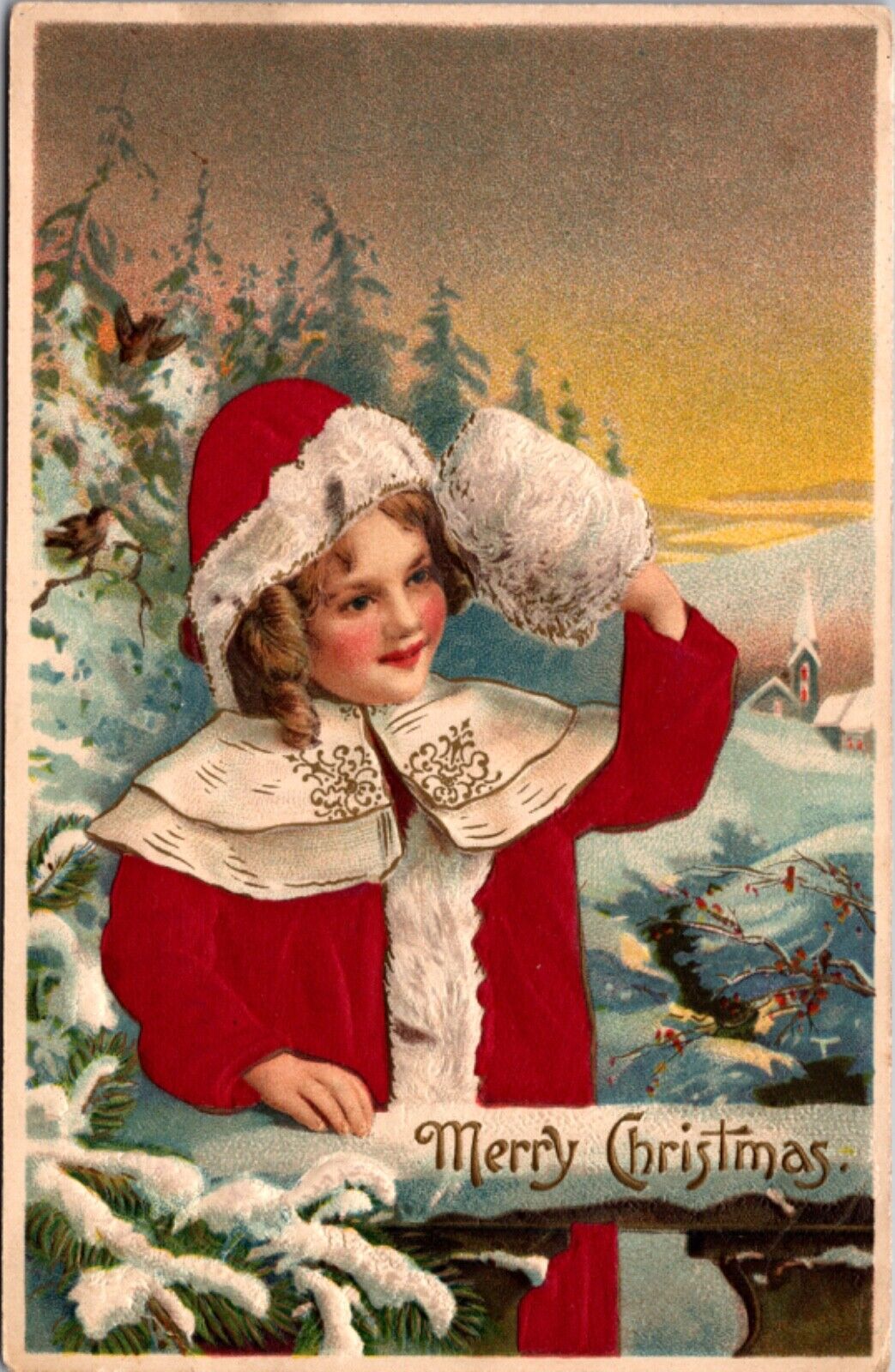 Silk Christmas Postcard Little Girl in the Snow