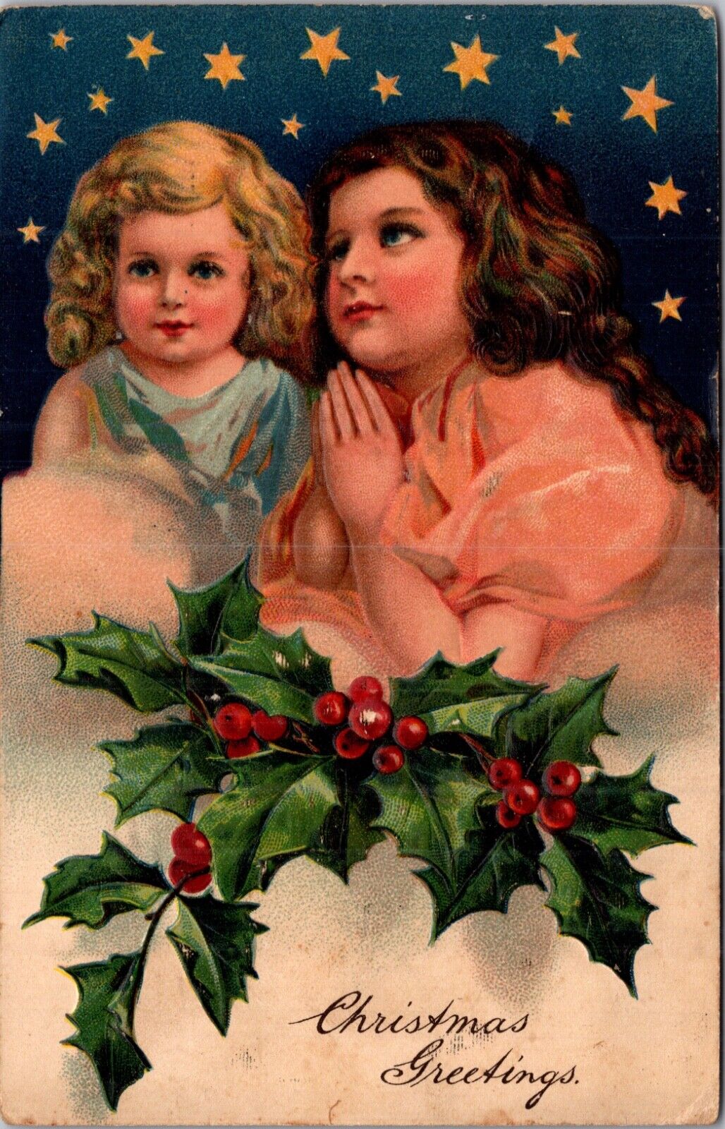 Christmas Postcard Two Little Girls Praying to the Stars, Holly