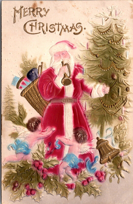 Airbrushed Postcard Angels with Santa Claus Playing Trumpet Basket of Toys Tree