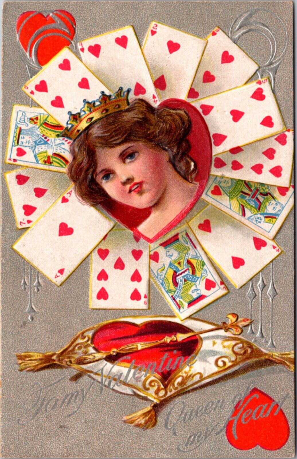 Valentine's Day Postcard Queen of my Heart Woman Wearing Crown Playing Cards