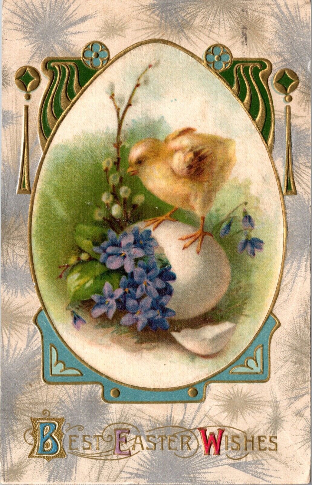 Silk Easter Postcard Baby Chick Standing on Broken Eggshell Filled with Flowers