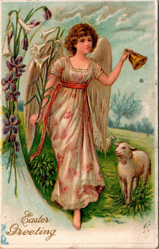 Easter Postcard Lamb Walking with Angel Ringing Gold Bell Carrying Lily Flower