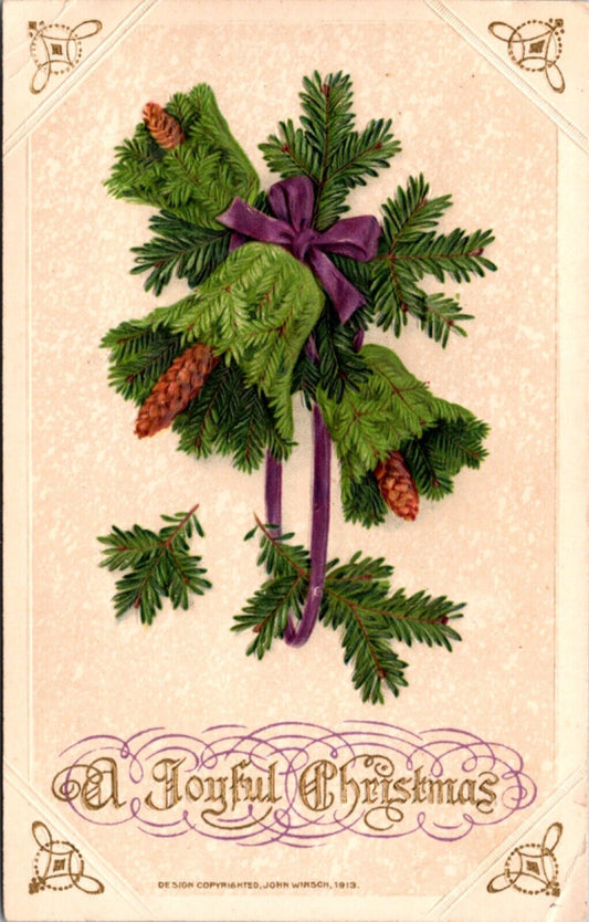 1913 John Winsch Christmas Postcard Pine Tree Branches Made Into Bells