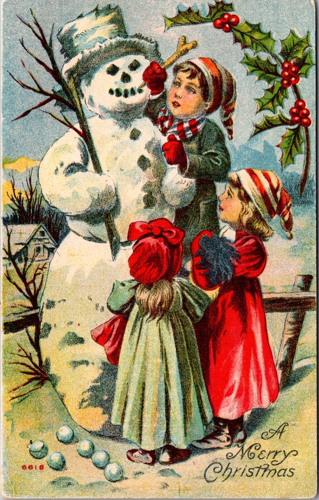 Christmas Postcard Three Children Building a Snowman Top Hat and Coal