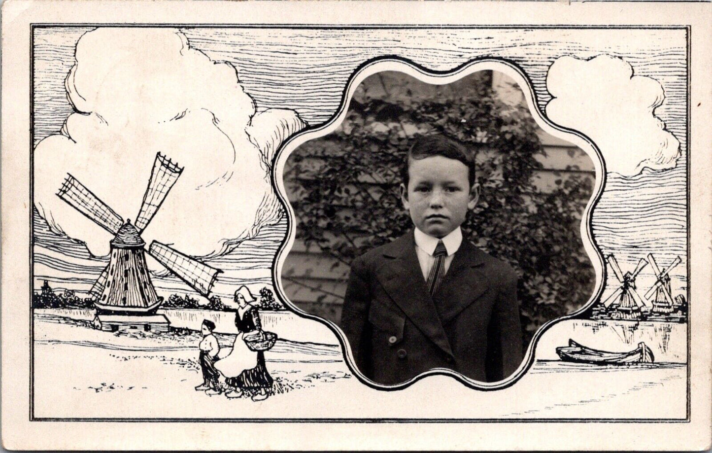 RPPC Young Boy Outside, Dutch Windmill Scene in/near Holland, Michigan