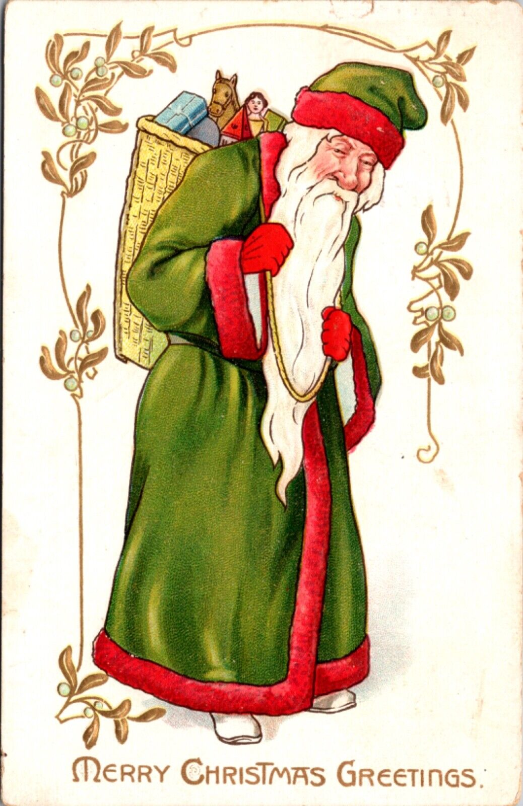 Christmas Postcard Red and Green Suited Santa Claus Carrying Basket of Toys