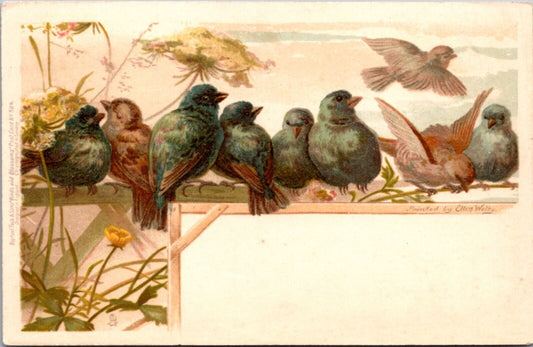 Ellen Welby artwork Postcard Birds Sitting on a Fence Flowers Birds and Blossoms