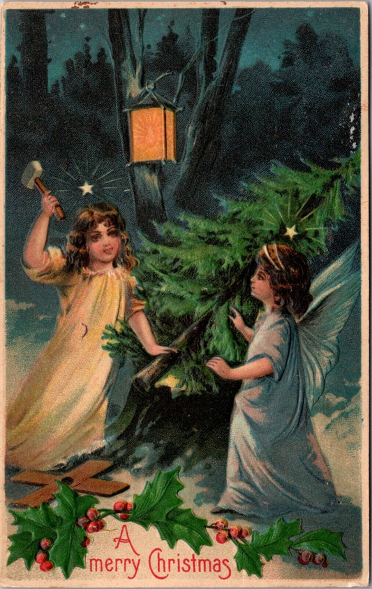 Christmas Postcard Two Little Girl Angels Chopping Down Tree in Forest