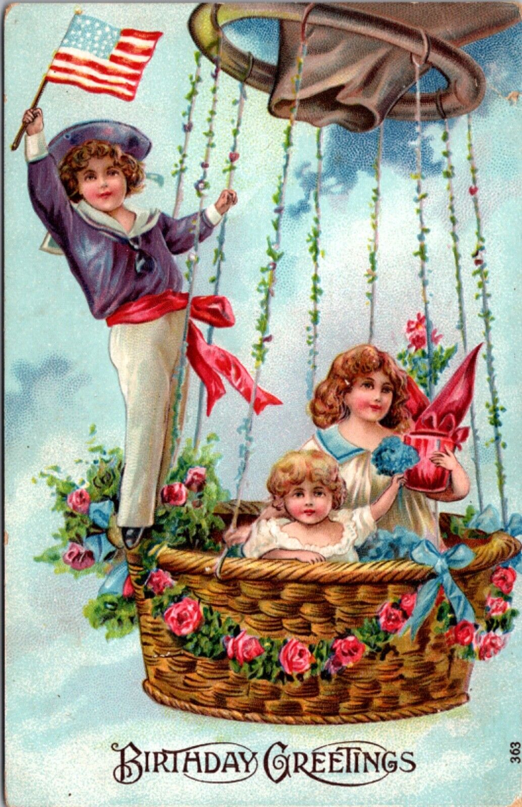 Birthday Greetings Postcard Children in Hot Air Balloon Sailor Boy American Flag