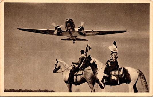 Advertising Postcard American Airlines Plane Flying Over Cowboys