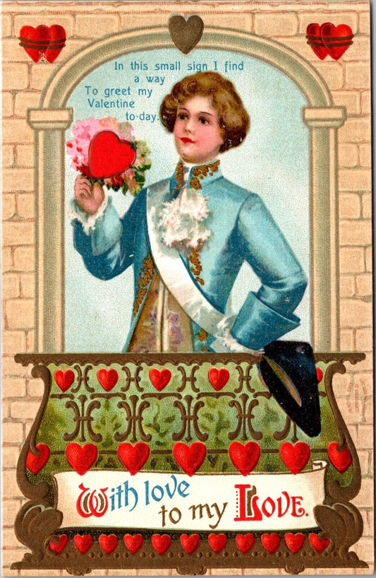 Valentine Postcard Royalty Boy Standing on Balcony Bouquet of Flowers and Hearts