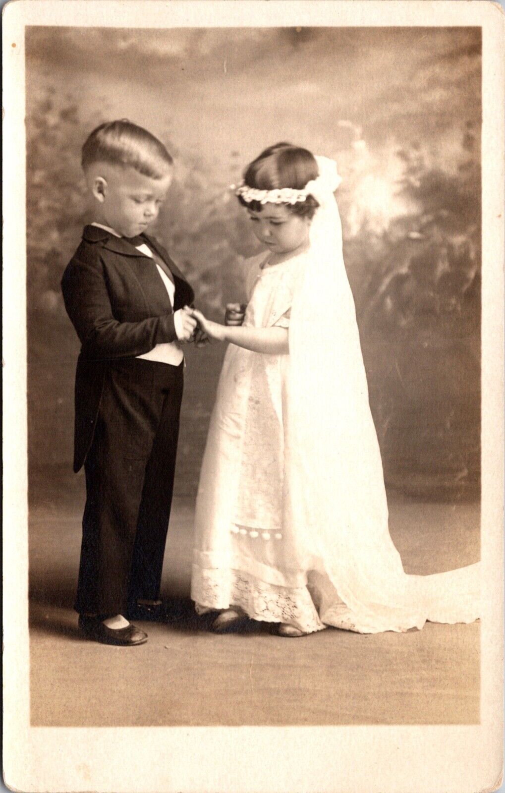 Real Photo Studio Postcard Two Children Boy Girl Dressed in Tuxedo Wedding Dress