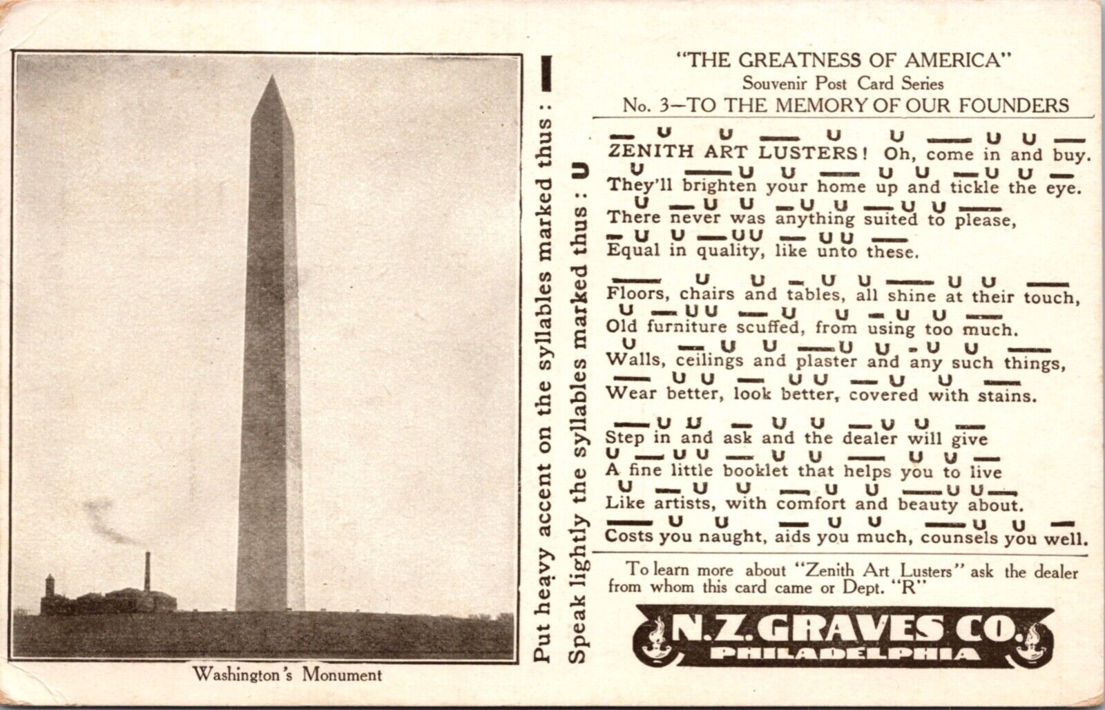 Advertising PC N.Z. Graves Co Philadelphia Washington's Monument Song Music