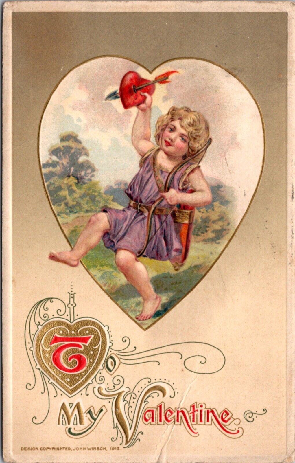 1913 Winsch Valentine's Day PC Purple Dressed Cherub Angel Bow Arrow Thru Heart