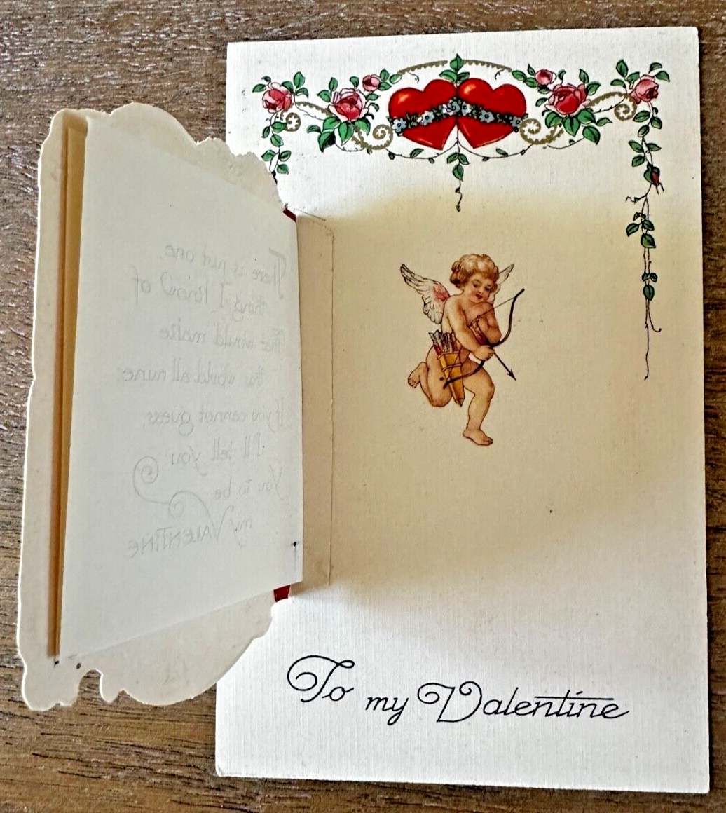 Booklet Fold-Out Postcard To My Valentine Victorian Woman Basket of Flowers