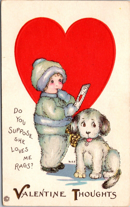 Valentine's Day PC Young Child With Puppy Dog Do You Suppose She Loves Me Rags