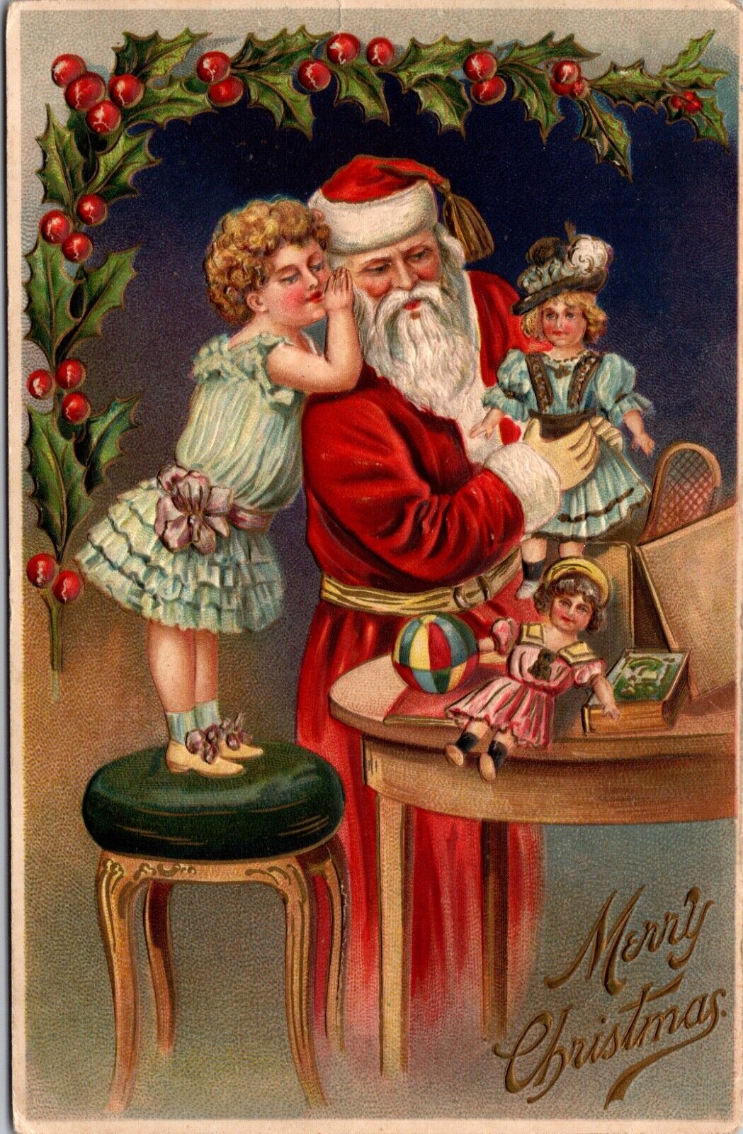 Christmas Postcard Girl Whispering Into Ear of Santa Claus Unloading Dolls Toys