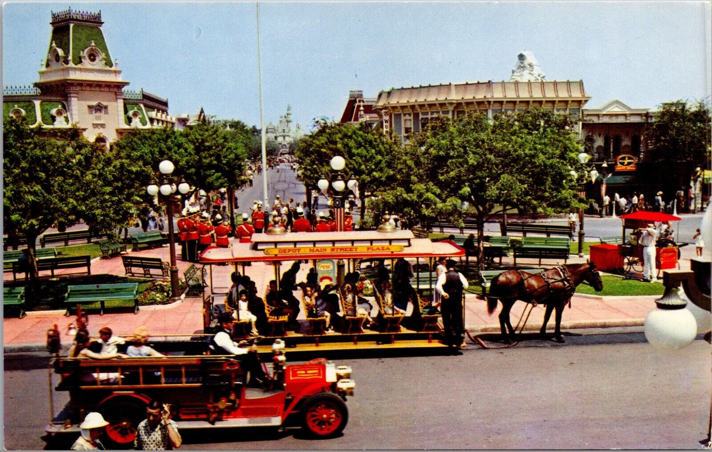 Disneyland Postcard Town Square Horse Drawn Streetcar Band Flagpole Firetruck