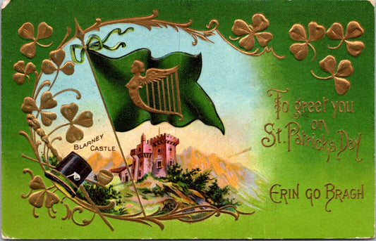 St. Patrick's Day Postcard Blarney Castle Gold Shamrocks Irish Flag Celtic Harp