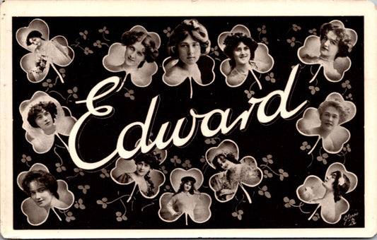 RPPC Large Letter Greetings of the Name Edward Women's Faces Clovers Shamrocks