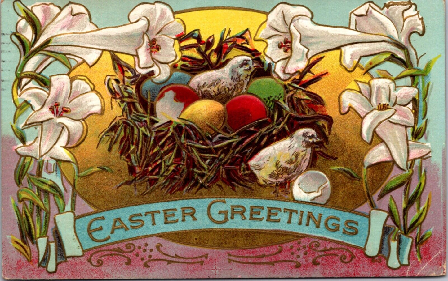 Easter Postcard Chicks Colored Eggs in a Nest Easter Lily Flowers