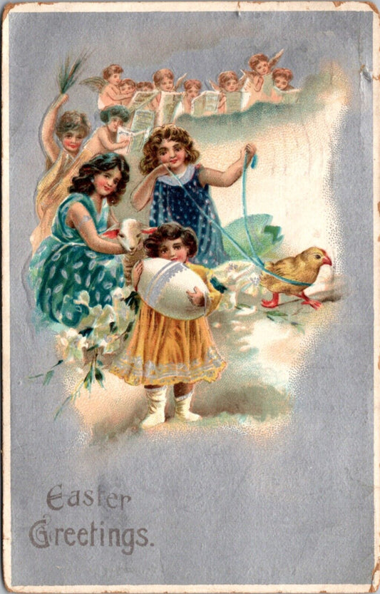 Easter Postcard Girl with Chick on Ribbon Leash, Decorated Egg, Lamb Angels Sing