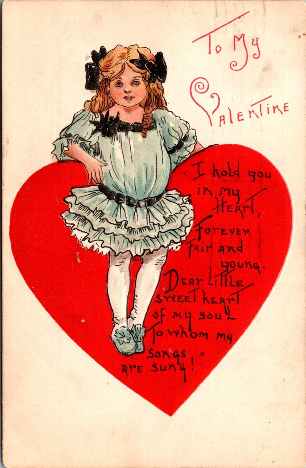 Valentine Postcard Little Girl Leaning Against Red Heart Filled with a Poem