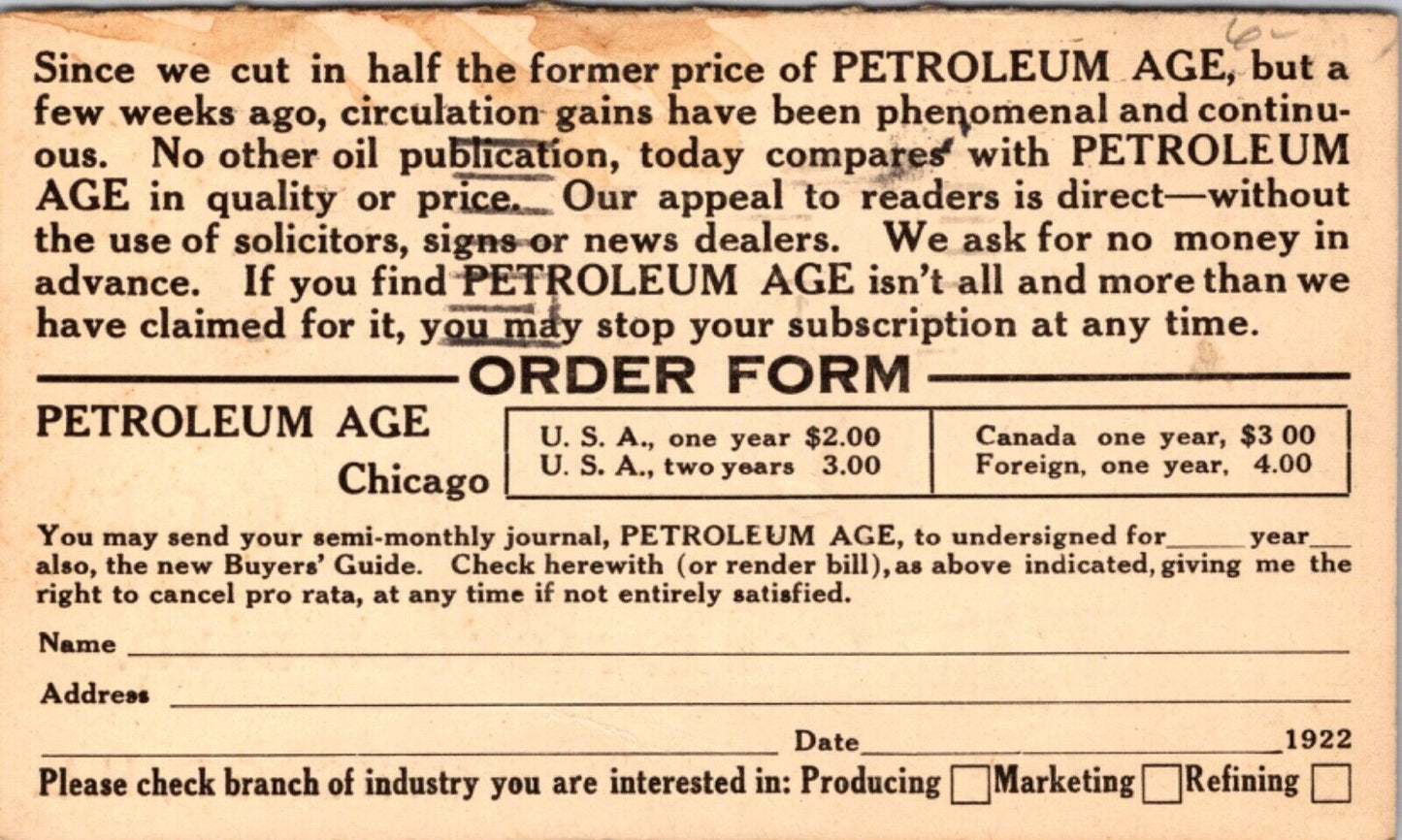 Advertising Postcard Petroleum Age 28 E. Jackson Blvd in Chicago, Illinois