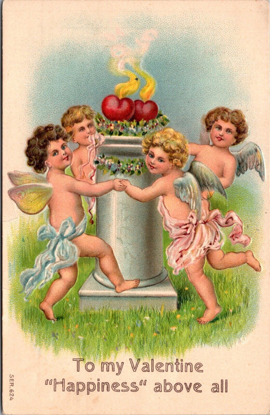 Valentine Postcard Cherub Cupid Dancing Around Hearts on Fire