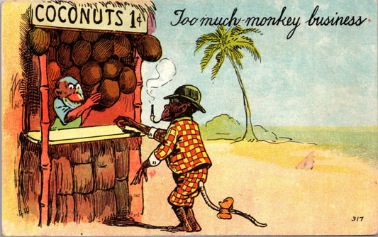 Artwork Postcard Smoking Monkey Buying Coconuts Too Much Monkey Business