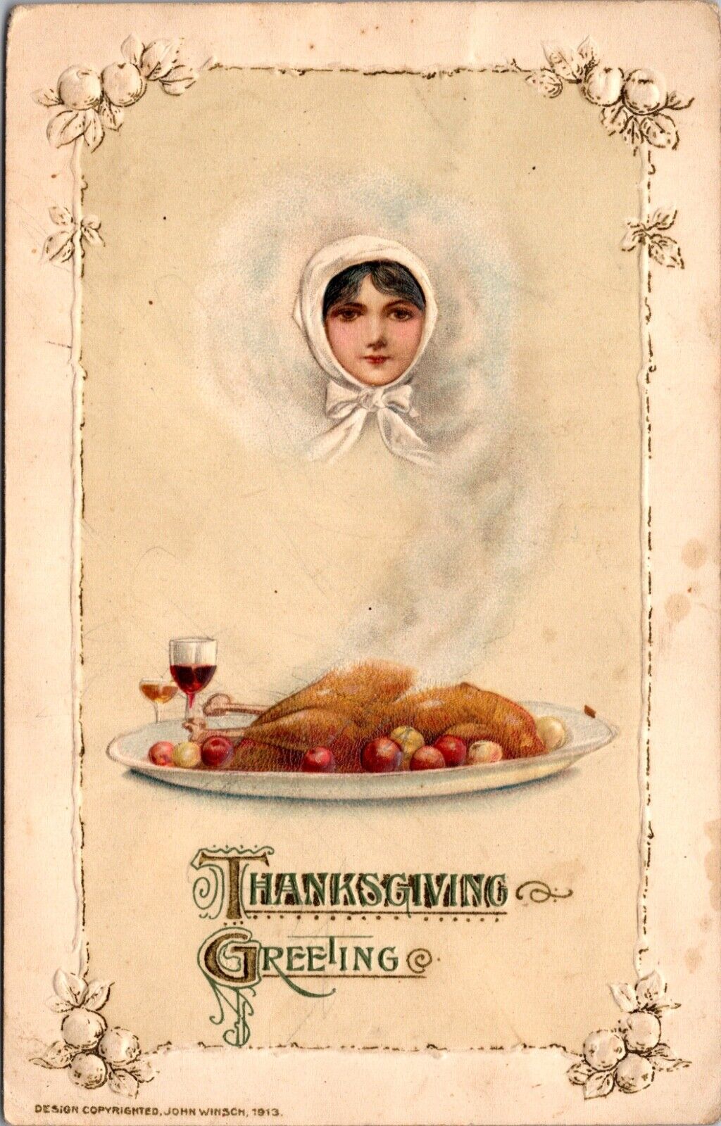 1913 John Winsch Thanksgiving Postcard Woman's Face in Smoke from Turkey Dinner