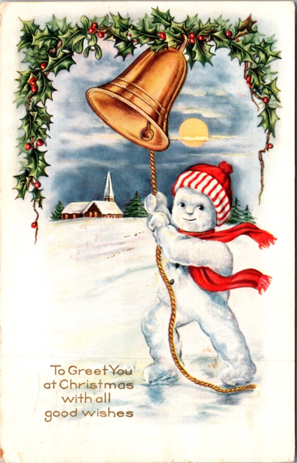 Christmas Postcard Fantasy Alive Snowman Child Pulling Rope Ringing Gold Bell