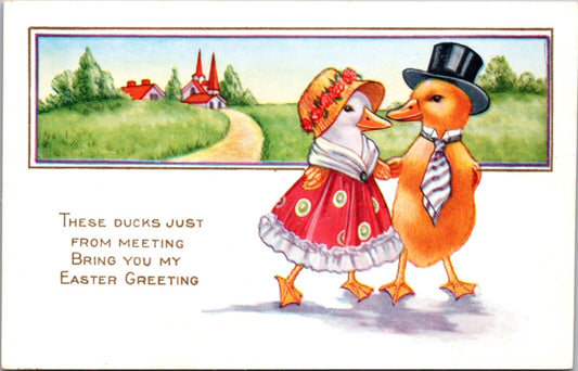 Easter Postcard Dressed Ducks Walking From a Church