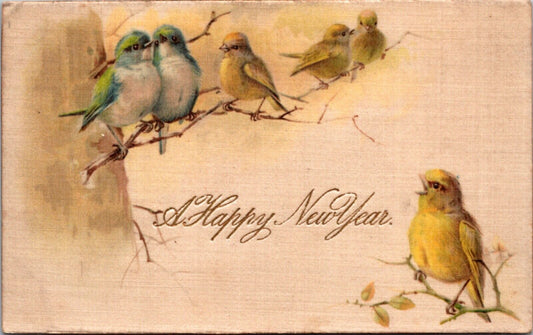 Silk New Year Postcard Little Birds on Tree Branches