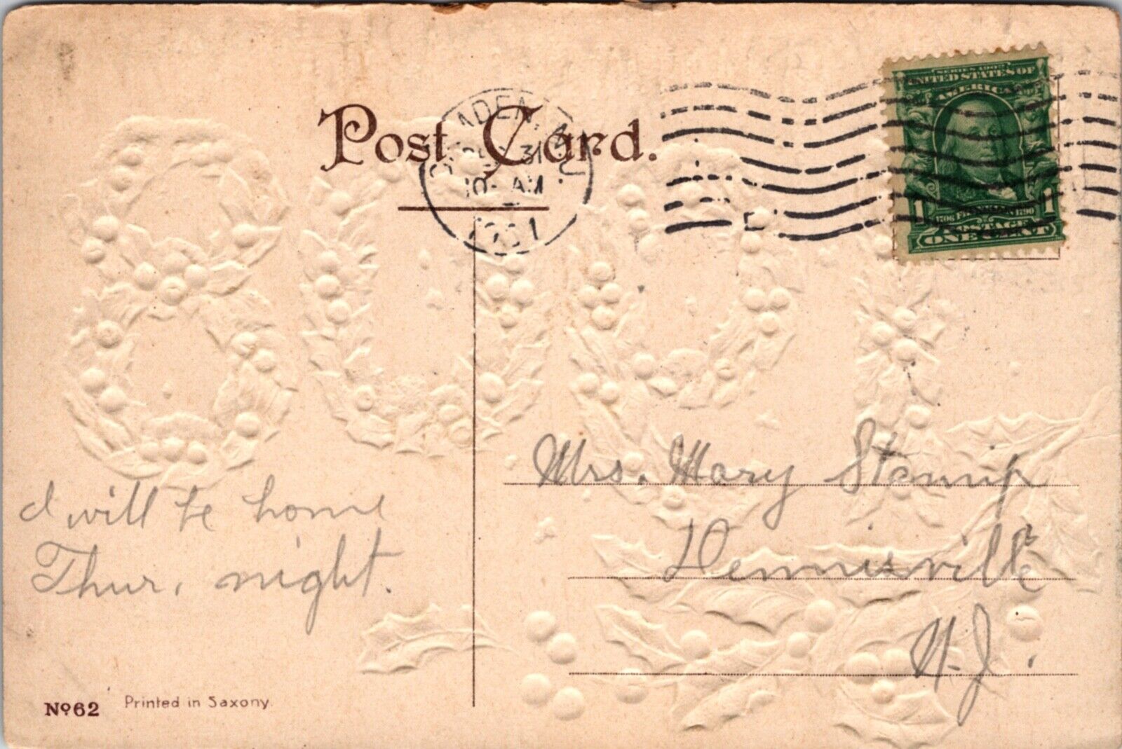 A Happy New Year Postcard Large Letter 1908 Holly and Icicles