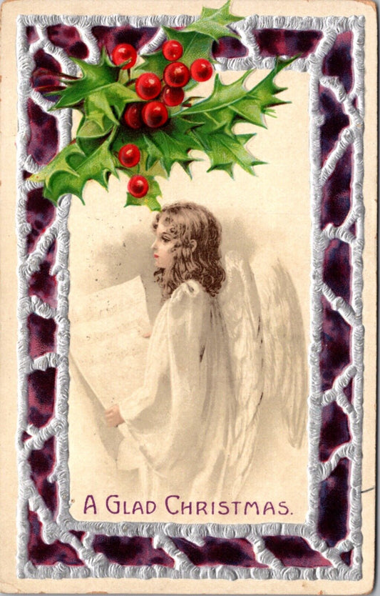 Christmas Greetings Postcard Beautiful Young Angel Girl with Sheet Music Holly