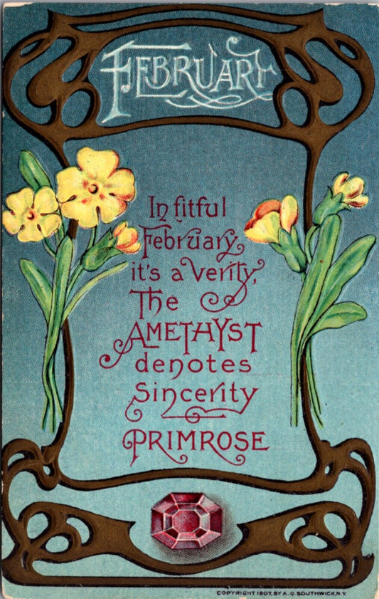 Artwork Postcard February Birthstone Amethyst Primrose Flower