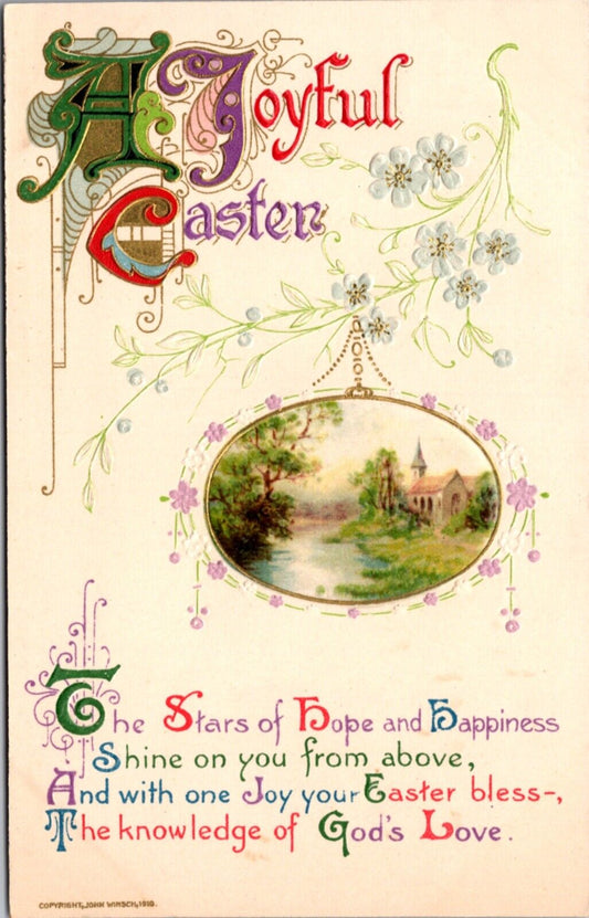 1910 Postcard Religious Easter Blessing Gods Love Church Countryside Landscape