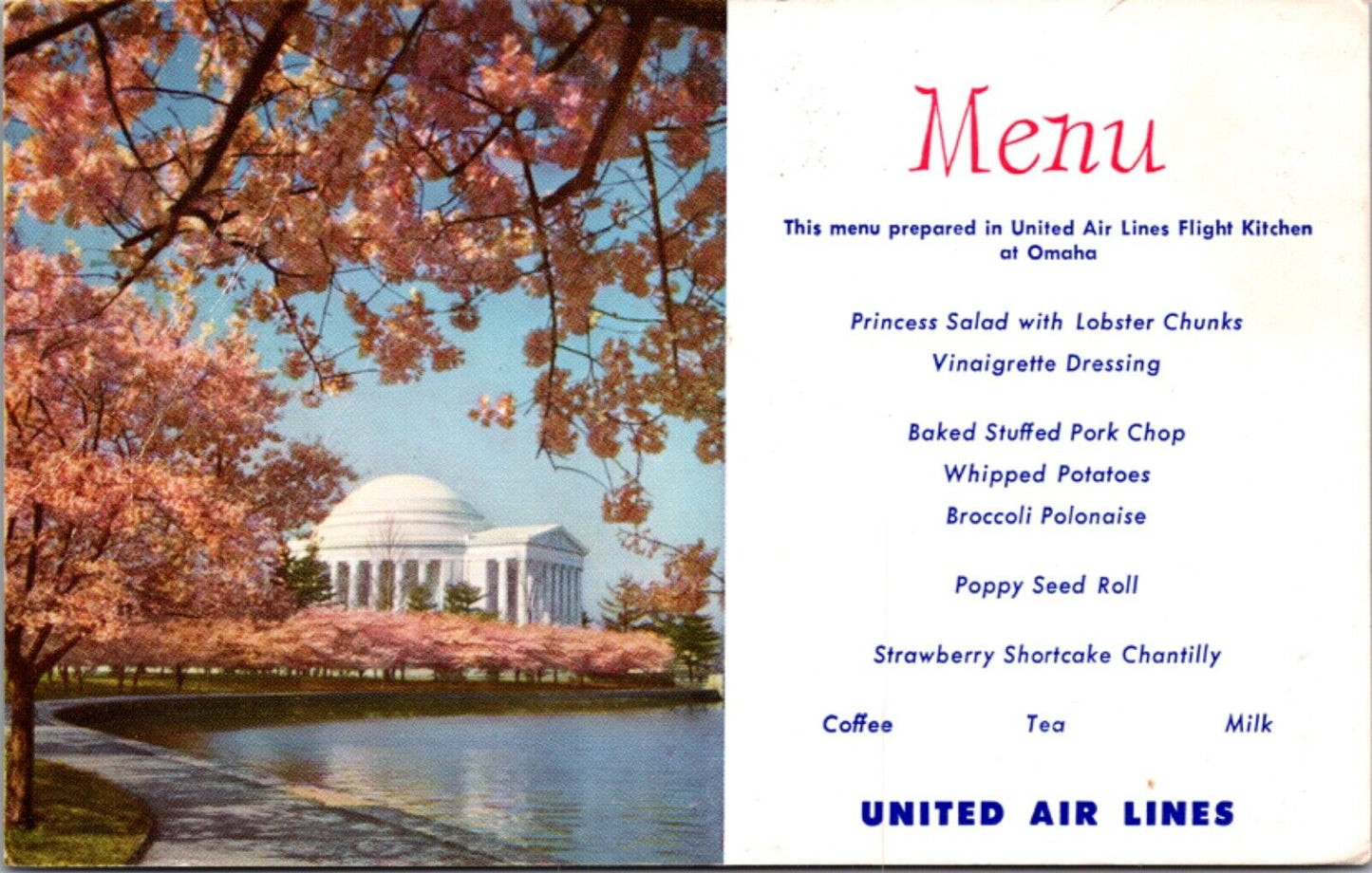 Advertising Menu Postcard United Air Lines Jefferson Memorial Washington D.C.