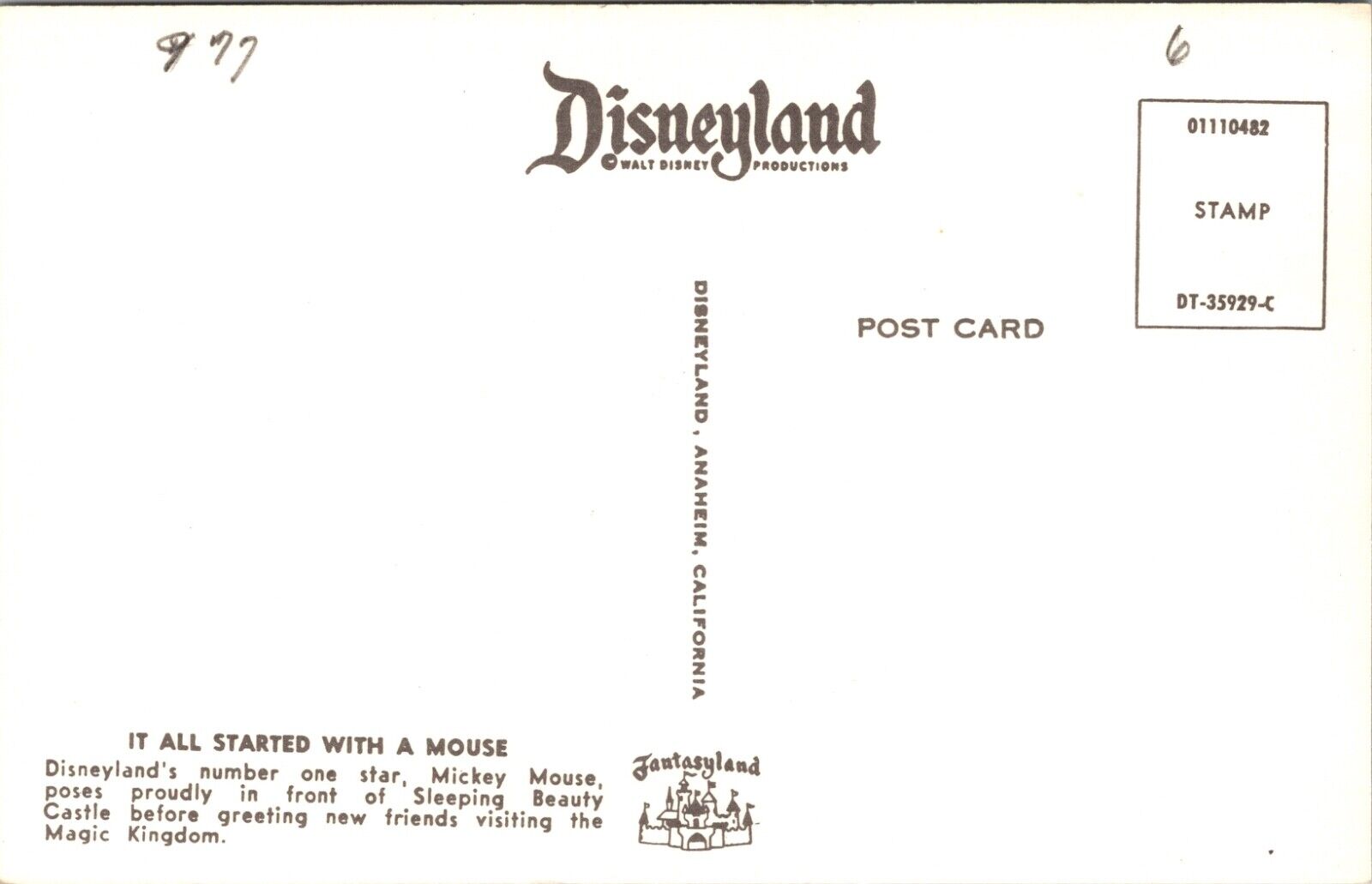 Disneyland Postcard Mickey Mouse and Sleeping Beauty's Castle Fantasyland