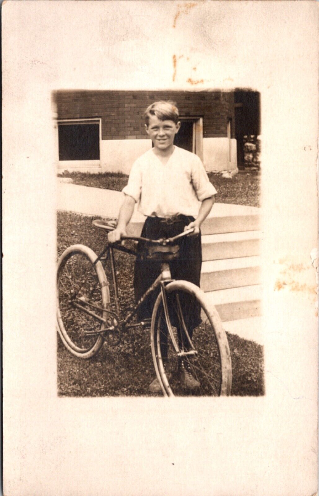 Real Photo Postcard Young Boy Standing with a Bicycle