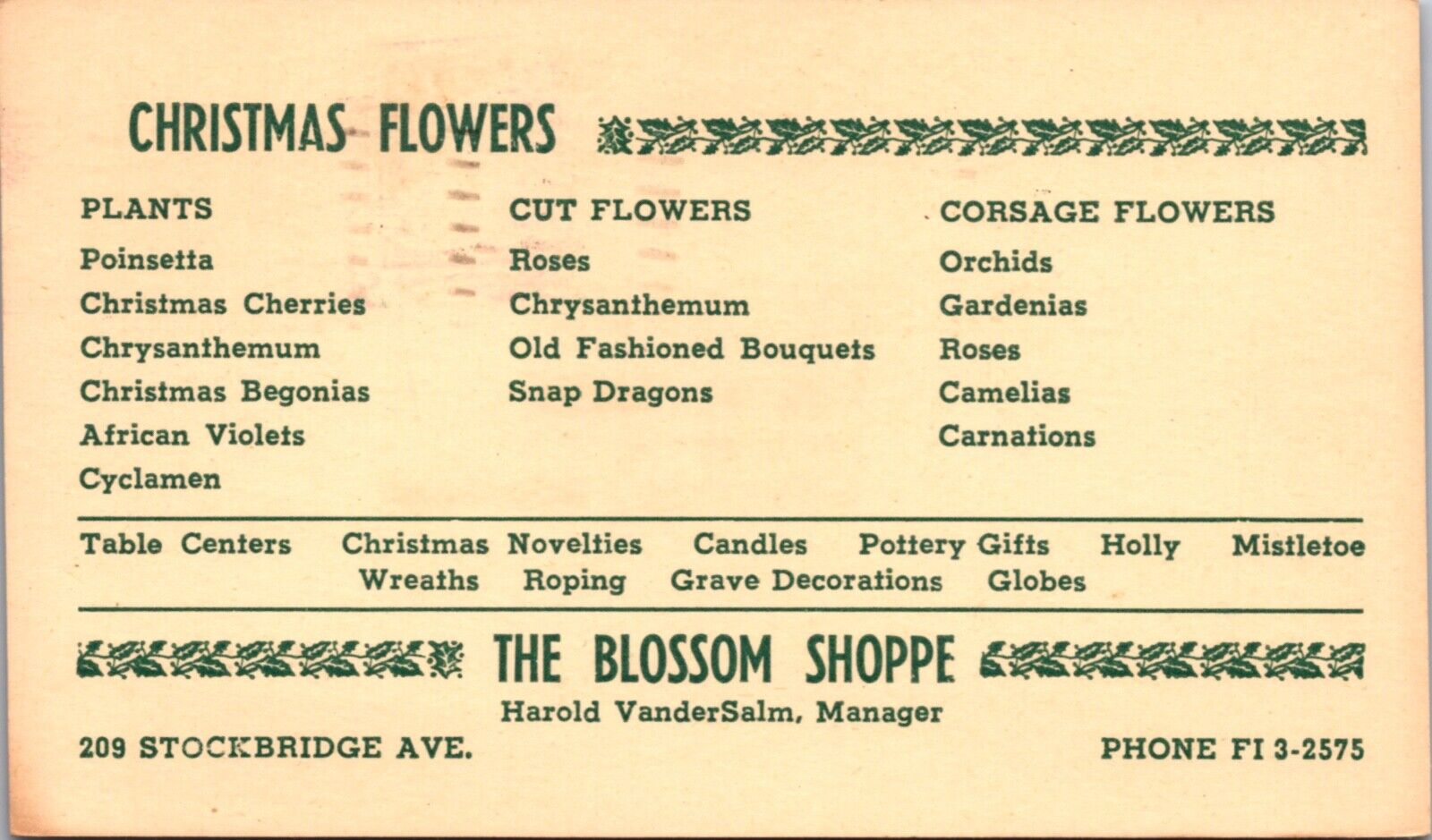 Advertising PC Christmas Flowers The Blossom Shoppe Galesburg Kalamazoo Michigan