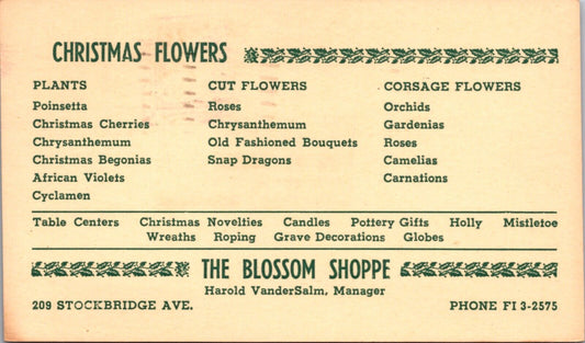 Advertising PC Christmas Flowers The Blossom Shoppe Galesburg Kalamazoo Michigan