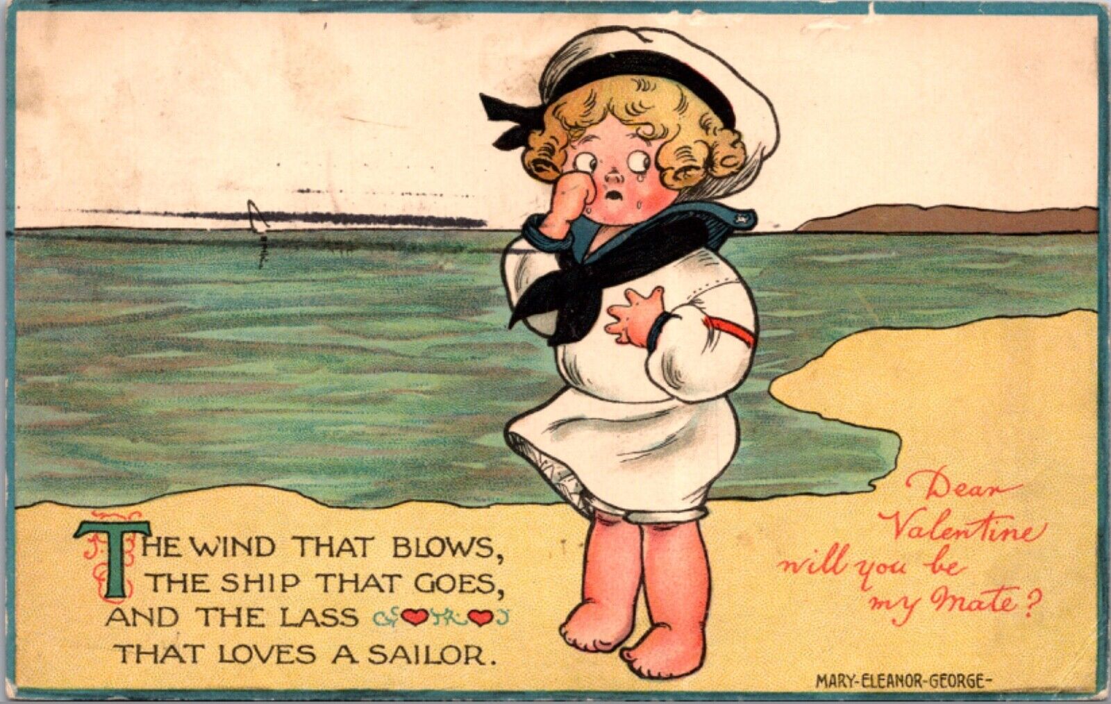 Valentine Mary Eleanor George Artwork Sailor Dressed Girl on Beach By My Mate